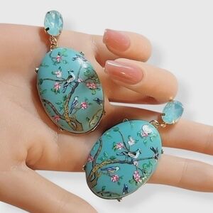 Victorian Relief Earrings Blue Bird Motif
